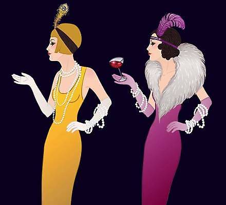 EPS 해외이미지 디자인 드레스 여자 허리손 일러스트 들기 상반신 성인 두명 노란색 손들기 보라색 빈티지 칵테일 화려 클래식 깃털 복고 스타일 성인여자만 해외일러스트 옷 컬러 포즈 컨셉 모션 주류 사람 여자만 성인만 파일형식 벡터 이미지허브