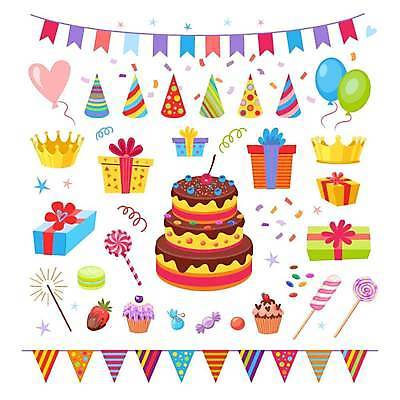 EPS 해외이미지 일러스트 딸기 왕관 사탕 선물 사람없음 선물상자 세트 축하 꽃가루 머핀 풍선 요술봉 마카롱 3단케이크 가랜드 해외일러스트 빵 컨셉 과일 디저트 상자 케이크 가루 파티용품 파일형식 벡터 이미지허브