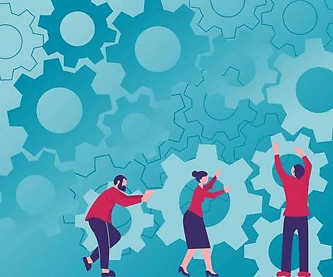 EPS 해외이미지 전신 여자 남자 백그라운드 일러스트 비즈니스 아이디어 성인 세명 파란색 잡기 톱니바퀴 성인만 카피스페이스 해외일러스트 컬러 컨셉 모션 사람 공백 파일형식 벡터 이미지허브