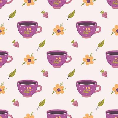 EPS 해외이미지 꽃 백그라운드 잎 패턴 일러스트 딸기 사람없음 보라색 찻잔 해외일러스트 식물 컬러 무늬 과일 잔 파일형식 벡터 이미지허브