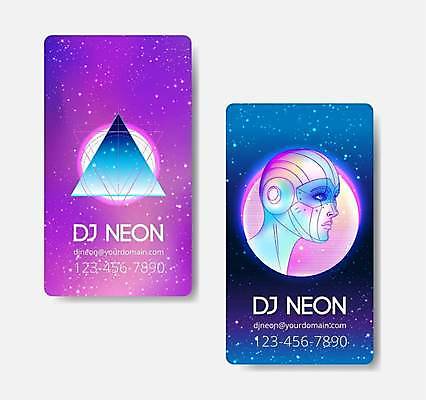 EPS 해외이미지 일러스트 명함 사람모양 파란색 세트 보라색 원형 이메일 인조인간 삼각형 사이버 DJ 복고 네온 전화번호 테크노 해외일러스트 모양 도형 컬러 파일형식 벡터 이미지허브