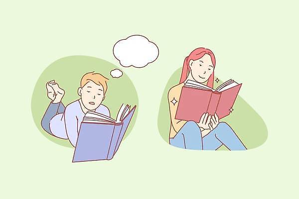 EPS 해외이미지 전신 학생 여학생 여자 교육 남자 어린이 남학생 엎드리기 생각 일러스트 들기 앉기 소년 상반신 두명 책 독서 읽기 어린이만 해외일러스트 모션 사람 파일형식 벡터 이미지허브