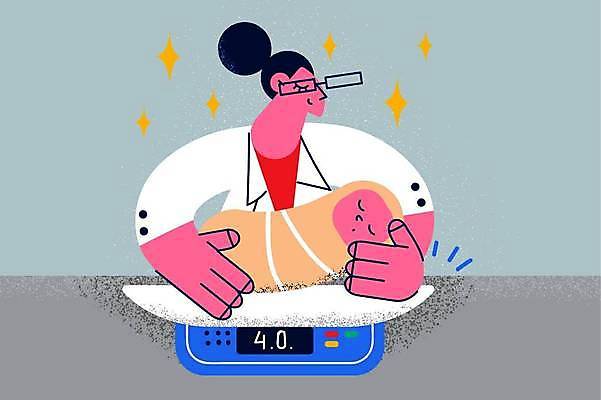 EPS 해외이미지 여자 일러스트 병원 성인 두명 의사 아기 신생아 몸무게 체중계 몸무게검사 몸무게재기 해외일러스트 의학 사람 의료진 파일형식 벡터 이미지허브