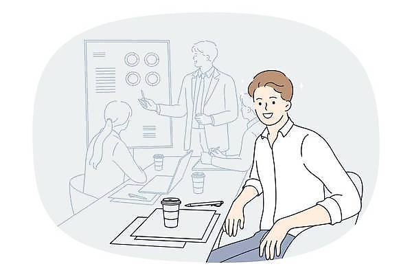 EPS 해외이미지 남자 의자 일러스트 비즈니스 회의 한명 앉기 상반신 성인 사무실 비즈니스맨 보고 성인남자한명만 해외일러스트 1 가구 모션 사람 직장인 발표 남자한명만 성인남자만 파일형식 벡터 이미지허브