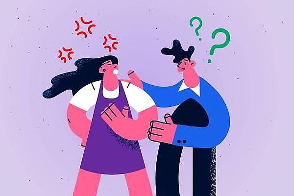 EPS 해외이미지 커플 여자 남자 일러스트 상반신 성인 두명 보라색 분노 물음표 의문 삐침 혼란 성인만 달래기 해외일러스트 기호 감정 컬러 컨셉 관계 모션 사람 파일형식 벡터 이미지허브