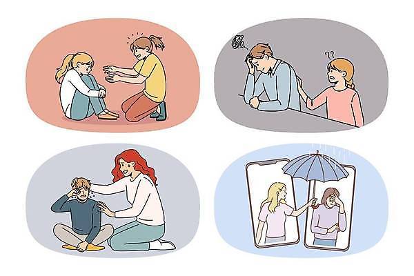 EPS 해외이미지 전신 여자 남자 딸 아들 어린이 일러스트 우산 앉기 소년 여러명 상반신 성인 스마트폰 슬픔 좌절 고민 웅크림 위로 우울감 달래기 해외일러스트 감정 다수 컨셉 가족 모션 사람 핸드폰 스마트기기 파일형식 벡터 이미지허브