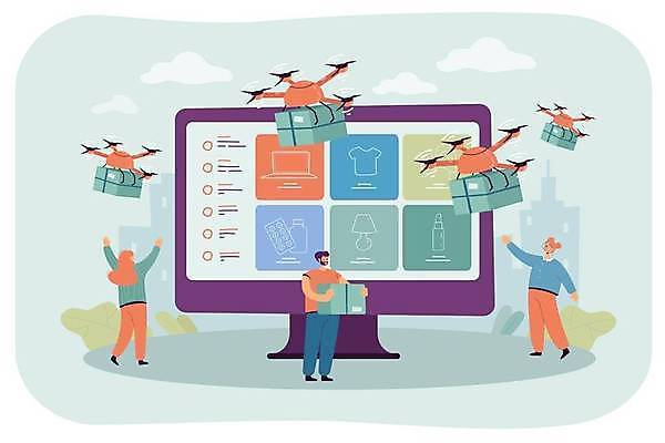 EPS 해외이미지 전신 여자 남자 일러스트 서기 들기 성인 세명 모니터 만세 스마트 배송 택배 온라인쇼핑 모바일쇼핑 택배상자 드론 성인만 해외일러스트 컨셉 모션 사람 쇼핑 컴퓨터 상자 운송업 온라인 파일형식 벡터 이미지허브