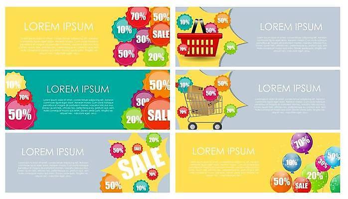 EPS 해외이미지 배너 일러스트 이벤트 사람없음 세일 쇼핑카 장바구니 풍선 택배상자 배너세트 해외일러스트 쇼핑 세트 상자 바구니 카트 택배 파일형식 벡터 이미지허브