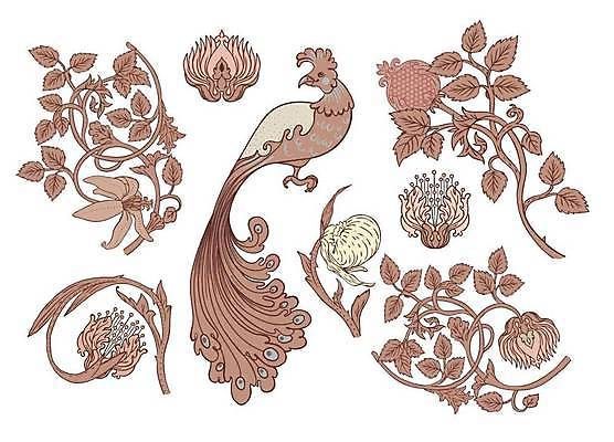 EPS 해외이미지 디자인 꽃 잎 일러스트 사람없음 세트 갈색 클래식 공작 덩굴 엘리먼트 해외일러스트 식물 컬러 컨셉 조류 파일형식 벡터 이미지허브