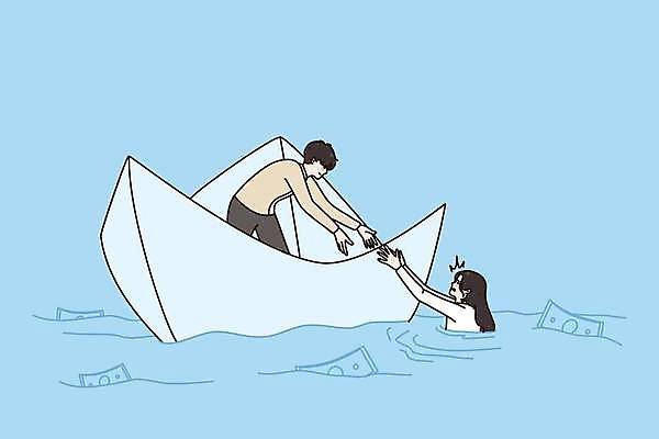 EPS 해외이미지 여자 남자 지폐 요트 일러스트 비즈니스 상반신 성인 두명 도움 비즈니스맨 보트 구출 종이배 손뻗기 위기 지원 트러블 헬프 성인만 해외일러스트 컨셉 돈 배_교통 모션 사람 직장인 종이접기 파일형식 벡터 이미지허브