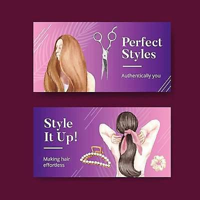 EPS 해외이미지 헤어스타일 여자 일러스트 상반신 성인 두명 보라색 머리핀 머리손질 미용가위 스타일링 성인여자만 해외일러스트 컬러 장신구 가위_도구 사람 뷰티 미용용품 여자만 성인만 파일형식 벡터 이미지허브