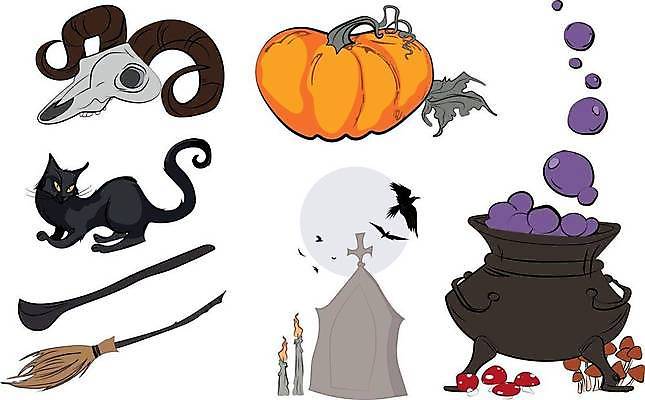 EPS 해외이미지 일러스트 호박 해골 사람없음 고양이 버섯 할로윈 솥 빗자루 비석 까마귀 해외일러스트 채소 포유류 조류 주방용품 뼈 반려동물 청소도구 파일형식 벡터 이미지허브