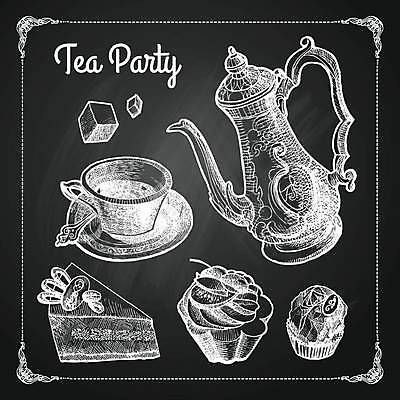 EPS 해외이미지 디자인 일러스트 사람없음 컵 케이크 초콜릿 칠판 카페 차 찻주전자 각설탕 컵케이크 그림 엘리먼트 해외일러스트 식기 음료 주전자 디저트 상점 설탕 파일형식 벡터 이미지허브