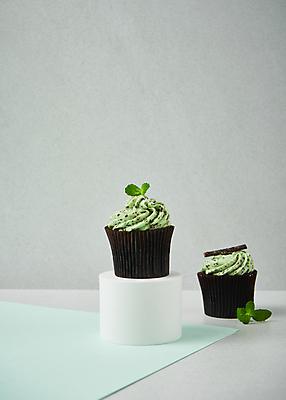 포토 JPG 스튜디오촬영 종이 회색배경 디저트 실내 사람없음 컵케이크 받침대 원기둥 애플민트 민트초코 국내포토 음식 백그라운드 내부 케이크 초콜릿 회색 원형 민트 파일형식