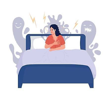 EPS 해외이미지 여자 실루엣 일러스트 베개 한명 앉기 상반신 성인 파란색 이불 침대 유령 무서움 불안 공포 불안감 불안정 악몽 성인여자한명만 해외일러스트 1 감정 컬러 가구 컨셉 침구 모션 촬영기법 사람 여자한명만 성인여자만 파일형식 벡터 이미지허브