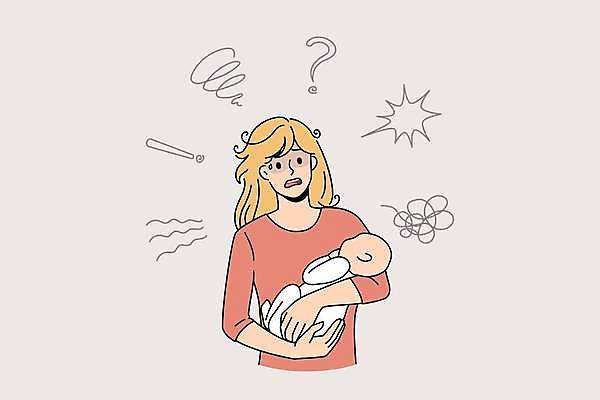 EPS 해외이미지 여자 분홍색 말풍선 일러스트 안기 스트레스 들기 상반신 성인 두명 육아 물음표 아기 느낌표 당황 여자만 들어올리기 산후우울증 해외일러스트 기호 감정 컬러 모션 사람 우울증 파일형식 벡터 이미지허브