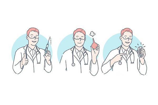 EPS 해외이미지 남자 일러스트 청진기 의료기기 주사기 들기 상반신 세명 의사 가리킴 최고 보여주기 성인남자만 안경낌 해외일러스트 안경 의학 모션 사람 손짓 의료진 남자만 성인만 파일형식 벡터 이미지허브