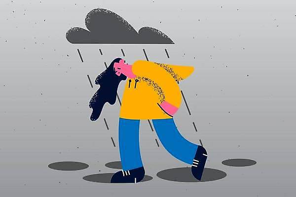 EPS 해외이미지 전신 여자 일러스트 한명 성인 걷기 회색 슬픔 비 먹구름 후드집업 우울감 우울증 성인여자한명만 해외일러스트 자연요소 1 감정 컬러 모션 날씨 사람 겉옷 질병 여자한명만 성인여자만 파일형식 벡터 구름_자연 이미지허브