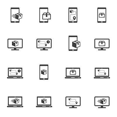 EPS 해외이미지 일러스트 사람없음 노트북 스마트폰 세트 픽토그램 모니터 검은색 배송 택배 위치 택배상자 위치추적 해외일러스트 컬러 전자제품 핸드폰 스마트기기 컴퓨터 상자 운송업 추적 파일형식 벡터 이미지허브