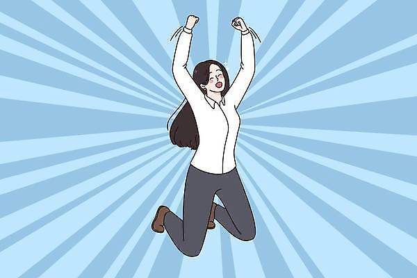 EPS 해외이미지 전신 여자 행복 컨셉 일러스트 성공 한명 성인 점프 기쁨 만세 표현 비즈니스우먼 흥분 성인여자한명만 해외일러스트 1 감정 비즈니스 모션 사람 직장인 여자한명만 성인여자만 파일형식 벡터 이미지허브