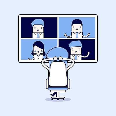 EPS 해외이미지 직업 캐릭터 선 인터넷 일러스트 비즈니스 통신 회의 노동자 주택 파란색 컴퓨터 사무실 디지털 스크린 모니터 텔레비전 방 업무 비즈니스맨 네트워크 그룹 토론 만화 종업원 경영자 리더 심플 부름 온라인 동영상 얇은 생존 가상 웨비나 해외일러스트 일러캐릭터 남자 컬러 모션 건물 전자제품 작업 직장인 세미나 파일형식 벡터 언택트 이미지허브