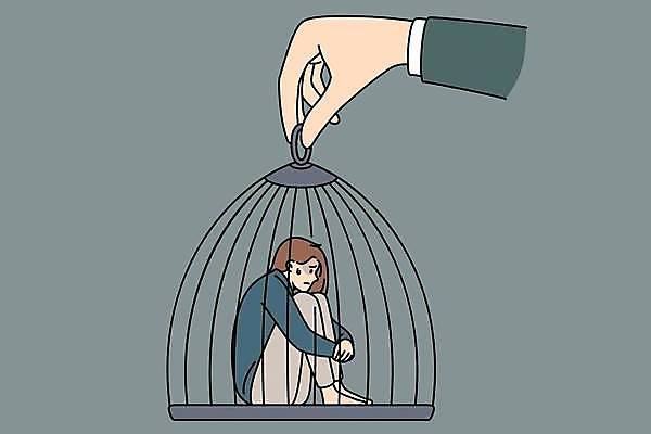 EPS 해외이미지 전신 손 여자 일러스트 한명 들기 성인 신체부위 회색 무서움 구속 땀 공포 새장 웅크림 우울감 우울증 성인여자한명만 PTSD 해외일러스트 1 감정 컬러 컨셉 모션 사람 질병 케이지 여자한명만 성인여자만 파일형식 벡터 이미지허브