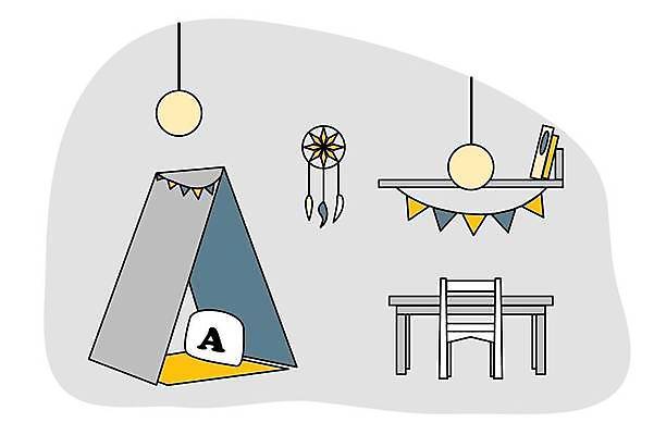 EPS 해외이미지 무료이미지 컨셉 의자 일러스트 전구 선반 텐트 사람없음 인테리어 방 책상 가랜드 드림캐쳐 해외일러스트 디자인 가구 캠핑도구 장식 파티용품 파일형식 벡터 이미지허브