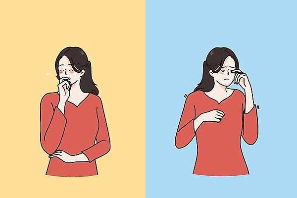 EPS 해외이미지 여자 일러스트 웃음 상반신 성인 두명 기쁨 슬픔 울음 우울증 성인여자만 조울증 해외일러스트 감정 표정 사람 질병 여자만 성인만 파일형식 벡터 이미지허브