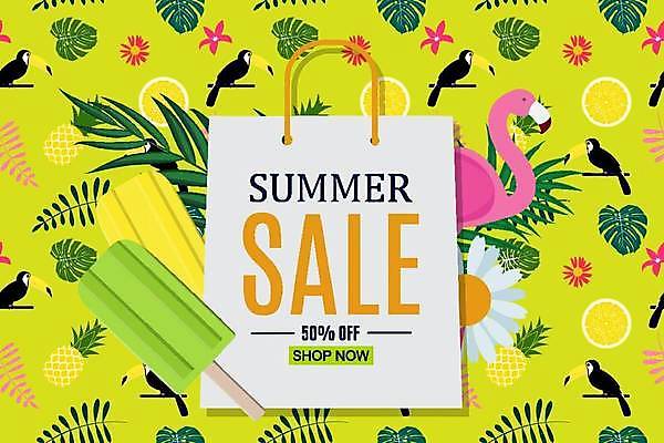 EPS 해외이미지 배너 꽃 잎 일러스트 이벤트 사람없음 연두색 쇼핑백 세일 플라밍고 막대아이스크림 토코투칸 여름맞이 해외일러스트 식물 가방 조류 아이스크림 초록색 파일형식 벡터 여름_계절 이미지허브