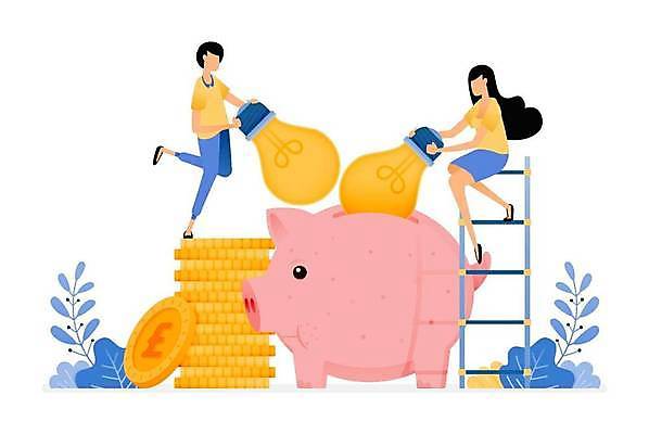 EPS 해외이미지 전신 식물 여자 남자 일러스트 비즈니스 전구 사다리 성인 두명 금융 동전 저축 돼지저금통 재산 자금 성인만 해외일러스트 돈 사람 경제 저금통 도구 파일형식 벡터 이미지허브