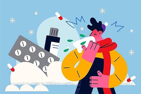 EPS 해외이미지 남자 일러스트 건강 한명 알약 목도리 추위 눈 알레르기 재채기 증상 성인남자한명만 해외일러스트 자연요소 1 잡화 날씨 사람 약 질병 남자한명만 성인남자만 파일형식 벡터 이미지허브