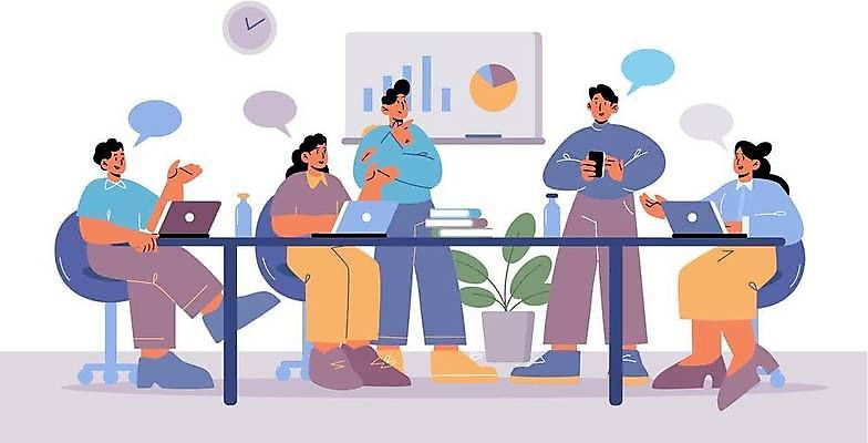 EPS 해외이미지 전신 여자 남자 말풍선 의자 일러스트 회의 협력 말하기 대화 서기 들기 앉기 여러명 성인 노트북 다리꼬기 업무 비즈니스맨 비즈니스우먼 책상 동료 회의실 소통 성인만 해외일러스트 가구 다수 컨셉 비즈니스 관계 모션 사람 전자제품 작업 직장인 파일형식 벡터 이미지허브