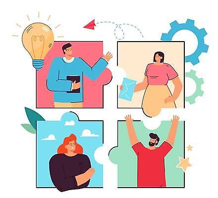 EPS 해외이미지 여자 남자 별 잎 일러스트 전구 협력 웃음 들기 여러명 상반신 성인 만세 종이비행기 동료 톱니바퀴 퍼즐조각 화상통화 성인만 해외일러스트 자연요소 식물 조각 다수 관계 모션 표정 사람 퍼즐 종이접기 통화 파일형식 벡터 이미지허브