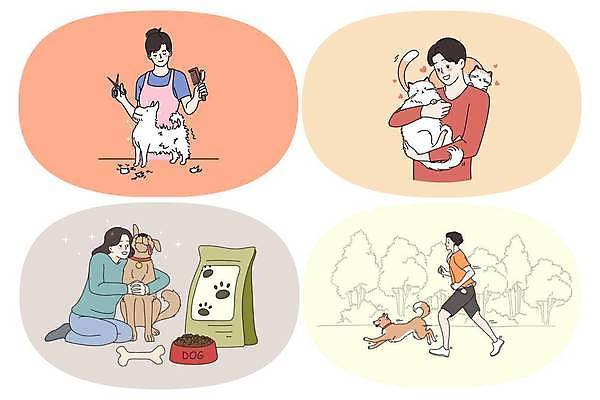 EPS 해외이미지 라이프스타일 여자 남자 행복 반려견 일러스트 안기 함께함 여러명 성인 반려동물 달리기 고양이 산책 개 강아지 주인 개사료 돌봄 애견미용 애견미용사 성인만 반려묘 해외일러스트 동물 감정 다수 컨셉 포유류 모션 휴식 사람 생활 뷰티 먹이 미용사 파일형식 벡터 이미지허브