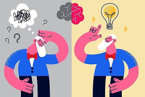 EPS 해외이미지 할아버지 노년 남자 생각 일러스트 전구 건강 두명 고통 물음표 비교 뇌 증상 치매 혼란 노화 노인남자만 해외일러스트 기호 감정 컨셉 사람 성인 질병 남자만 노인만 파일형식 벡터 이미지허브