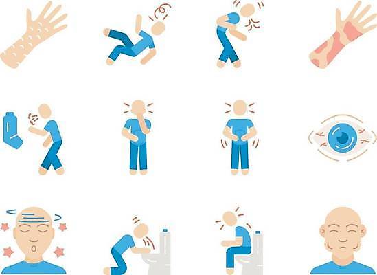 EPS 해외이미지 손 일러스트 사람모양 신체부위 세트 감염 알레르기 구토 복통 증상 천식 충혈 피부염 현기증 결막염 쓰러짐 해외일러스트 모양 모션 사람 질병 피부질환 염증 파일형식 벡터 이미지허브