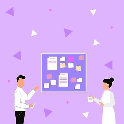 EPS 해외이미지 여자 남자 백그라운드 일러스트 비즈니스 아이디어 알림판 들기 상반신 성인 두명 보라색 메모지 삼각형 성인만 카피스페이스 해외일러스트 도형 컬러 컨셉 모션 사람 사무용품 공백 파일형식 벡터 이미지허브