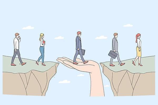 EPS 해외이미지 손 여자 남자 컨셉 일러스트 비즈니스 안전 여러명 성인 신체부위 절벽 도움 비즈니스맨 비즈니스우먼 보호 연결 받침대 건너기 성인만 해외일러스트 다수 모션 사람 직장인 파일형식 벡터 이미지허브