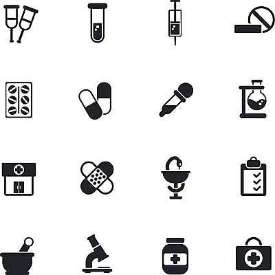 EPS 해외이미지 일러스트 병원 현미경 주사기 사람없음 세트 픽토그램 알약 검은색 금지 반창고 뱀 구급상자 약병 스포이트 플라스크 시험관 막자사발 목발 서류판 체크리스트 해외일러스트 컬러 의학 의료기기 파충류 실험기구 약 사무용품 의료용품 사발 피펫 병_담는 파일형식 벡터 이미지허브