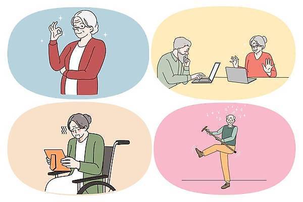 EPS 해외이미지 라이프스타일 여자 할아버지 노년 남자 할머니 액자 일러스트 지팡이 들기 손짓 여러명 노트북 실버라이프 노후 OK 휠체어 노인만 해외일러스트 다수 모션 사람 성인 생활 전자제품 성인만 파일형식 벡터 이미지허브