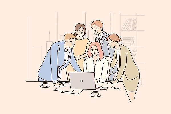 EPS 해외이미지 응시 여자 남자 일러스트 회의 협력 여러명 상반신 성인 노트북 업무 비즈니스맨 비즈니스우먼 집중 동료 살구색 성인만 해외일러스트 시선 컬러 다수 컨셉 비즈니스 관계 사람 전자제품 작업 직장인 파일형식 벡터 이미지허브