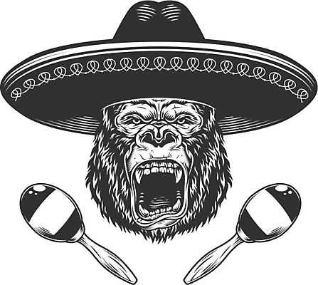 EPS 해외이미지 얼굴 백그라운드 일러스트 멕시코 흑백 사람없음 검은색 흰색 빈티지 심볼 복고 고릴라 마라카스 해외일러스트 컬러 컨셉 북아메리카 포유류 타악기 촬영기법 신체부위 파일형식 벡터 이미지허브