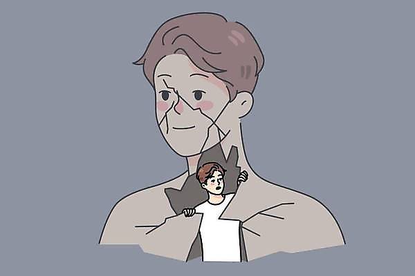 EPS 해외이미지 남자 일러스트 스트레스 상반신 성인 두명 회색 마음 균열 무서움 깨짐 성인남자만 정신건강 해외일러스트 감정 컬러 컨셉 모션 건강 사람 남자만 성인만 파일형식 벡터 이미지허브