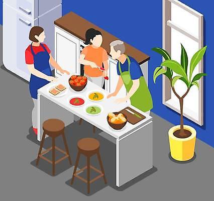 EPS 해외이미지 전신 여자 남자 딸 화분 의자 일러스트 식재료 가족 탁자 엄마 요리 들기 상반신 성인 세명 숟가락 아빠 수프 얼굴없음 성인만 해외일러스트 가구 관계 모션 수저 사람 파일형식 벡터 이미지허브