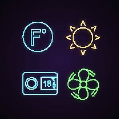 EPS 해외이미지 일러스트 사람없음 빛 태양 선풍기 온도계 네온 온도 냉방 화씨 네온아트 해외일러스트 자연요소 가전제품 파일형식 벡터 이미지허브