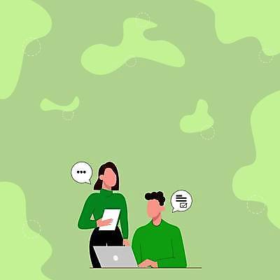 EPS 해외이미지 여자 남자 백그라운드 말풍선 일러스트 비즈니스 아이디어 대화 상반신 성인 두명 초록색 노트북 체크표시 성인만 카피스페이스 해외일러스트 컬러 컨셉 말하기 사람 전자제품 공백 확인 파일형식 벡터 이미지허브