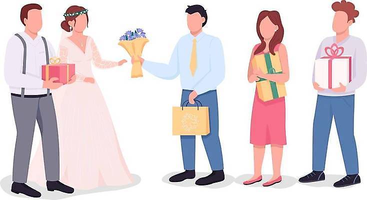 EPS 해외이미지 전신 부부 여자 남자 꽃다발 결혼 일러스트 결혼식 들기 여러명 성인 선물상자 쇼핑백 파티 하객 성인만 해외일러스트 커플 꽃 다수 가방 모션 선물 사람 이벤트 상자 고객 파일형식 벡터 이미지허브