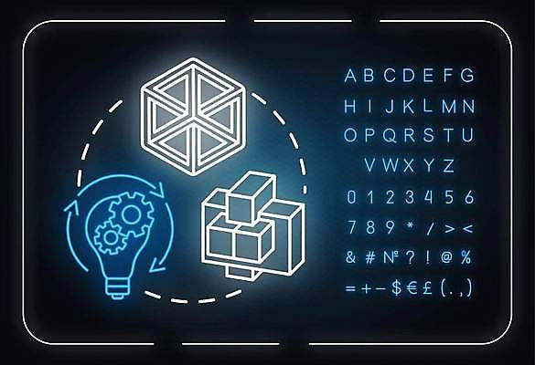 EPS 해외이미지 알파벳 화살표 선 백그라운드 일러스트 전구 타이포그라피 사람없음 사각형 화려 심볼 톱니바퀴 회전 네온 형광등 해외일러스트 도형 문자 영어 컨셉 전등 파일형식 벡터 이미지허브
