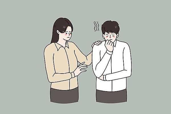 EPS 해외이미지 커플 여자 남자 일러스트 상반신 성인 두명 턱괴기 고민 위로 우울감 성인만 어깨에손 해외일러스트 감정 관계 모션 사람 파일형식 벡터 이미지허브