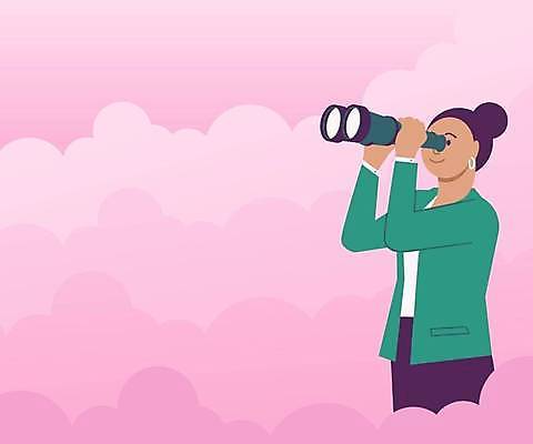 EPS 해외이미지 여자 분홍색 백그라운드 일러스트 비즈니스 아이디어 한명 들기 상반신 성인 귀걸이 망원경 성인여자한명만 카피스페이스 해외일러스트 1 컬러 컨셉 장신구 모션 사람 공백 여자한명만 성인여자만 파일형식 벡터 이미지허브